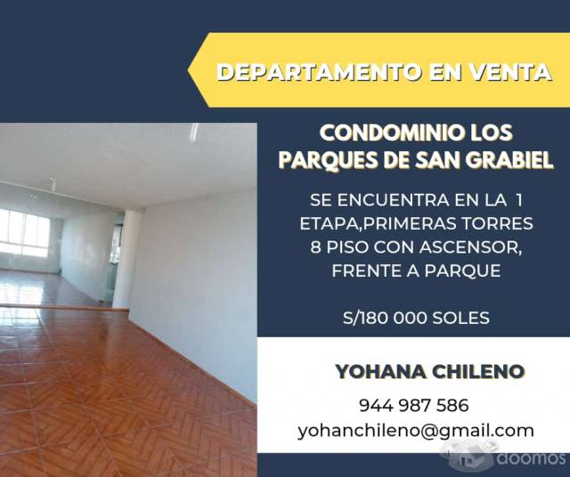 Vendo departamento en el Condominio Los Parques de San Gabriel, en la 1 etapa ,primeras torres ,frente a parque ,en octavo piso con ascensor