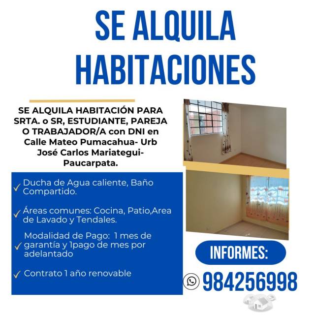 HABITACIONES EN ALQUILER PARA PERSONA SOLA O PAREJA