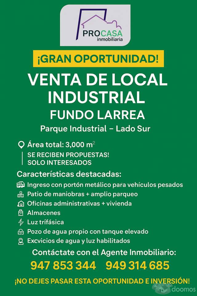 ¡¡¡BAJO DE PRECIO ¡GRAN OPORTUNIDAD! VENTA DE LOCAL INDUSTRIAL – FUNDO LARREA ¡¡¡