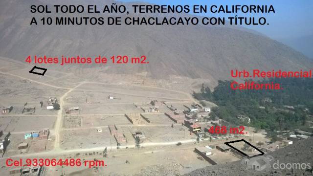 TERRENOS DE 120 M2 EN CALIFORNIA CHOSICA.