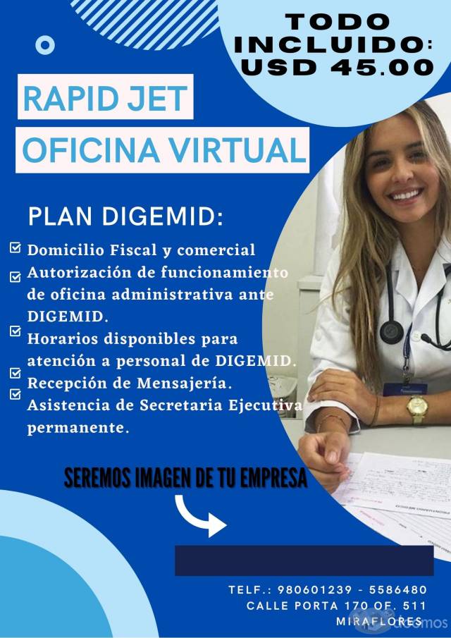 ALQUILA TU OFICINA VIRTUAL CON ESPACIO PARA DIGEMID USD 45.00 EN LA MEJOR ZONA DE MIRAFLORES