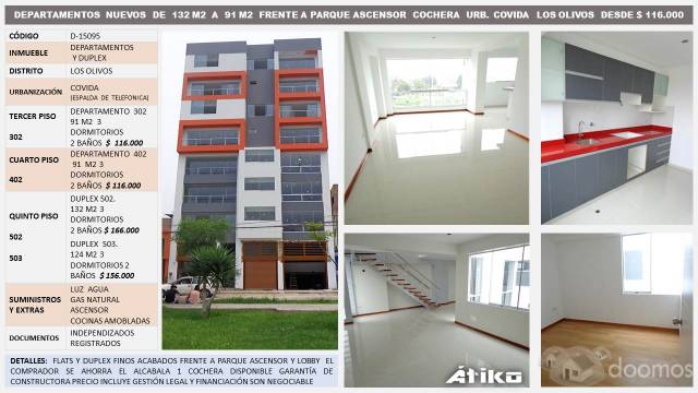 DEPARTAMENTOS NUEVOS DE 132 M2 A 91 M2 FRENTE A PARQUE ASCENSOR COCHERA URB. COVIDA LOS OLIVOS DESDE $ 116.000