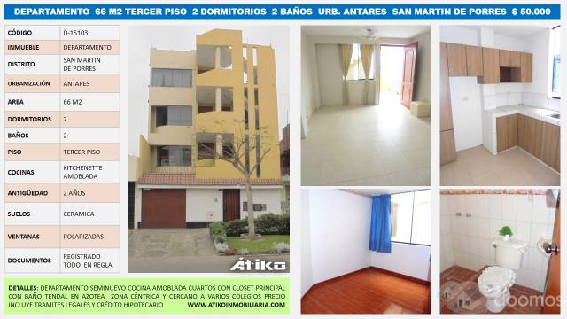 DEPARTAMENTO 66 M2 TERCER PISO 2 DORMITORIOS 2 BAÑOS URB. ANTARES SAN MARTIN DE PORRES $ 50.000