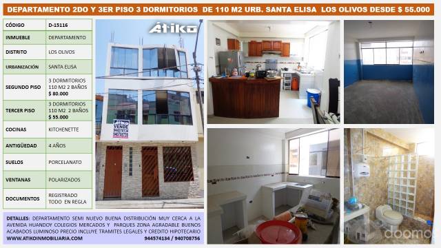 DEPARTAMENTO 2DO Y 3ER PISO 3 DORMITORIOS  DE 110 M2 URB. SANTA ELISA  LOS OLIVOS DESDE $ 55.000