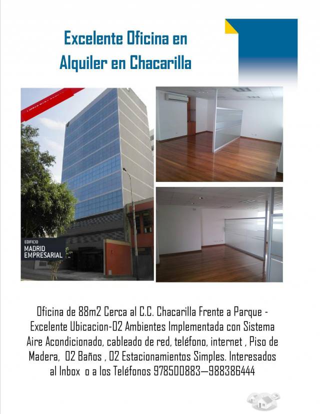 ALQUILER OFICINAS CERCA AL CC CHACARILLA