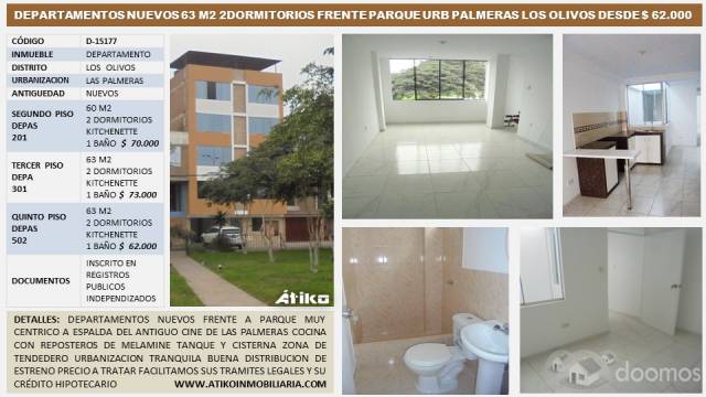 DEPARTAMENTOS NUEVOS 63 M2 2 DORMITORIOS FRENTE A PARQUE URB. PALMERAS LOS OLIVOS DESDE $ 62.000