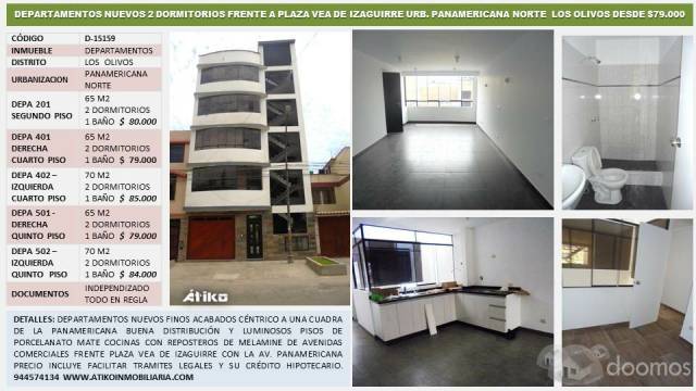 DEPARTAMENTOS NUEVOS DE 70M2 A 65M2 2 DORMITORIOS 1 BAÑO URB. PANAMERICANA NORTE LOS OLIVOS DESDE $ 79.000