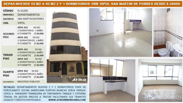 DEPARTAMENTOS NUEVOS 55M2 A 40M2 2 – 1  DOR. URB. VIPOL – SMP DESDE $ 30.000