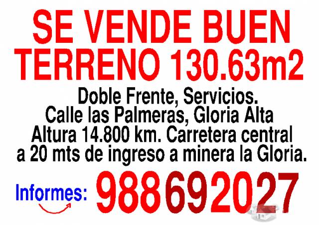 SE VENDE BUEN TERRENO 130.62m2, GLORIA GRANDE ATE