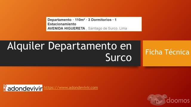 Alquiler Departamento en Surco 110m² · 3 Dormitorios · 1 Estacionamiento