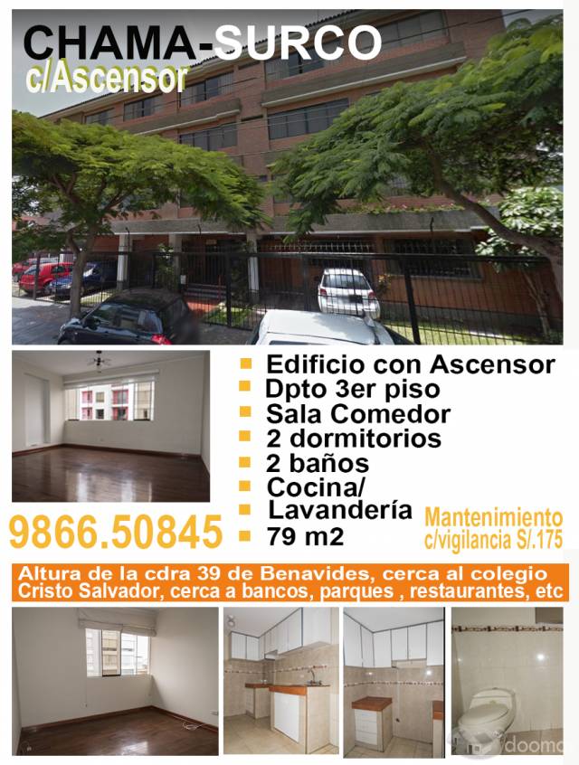 DEPARTAMENTO CHAMA SURCO - 79m2 - 3ER PISO - ASCENSOR 2 DORMITORIOS , 2 BAÑOS  SALA, COMEDOR, COCINA / LAVANDERIA