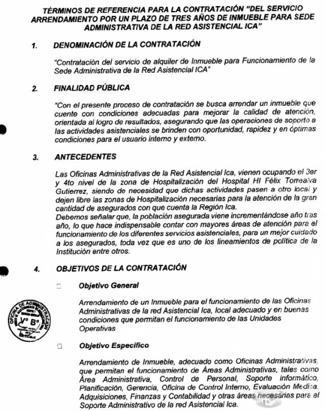 SOLICITO LOCAL EN ARRENDAMIENTO POR UN PLAZO DE TRES AÑOS DE INMUEBLE PARA SEDE ADMINISTRATIVA DE LA RED ASISTENCIAL ICA