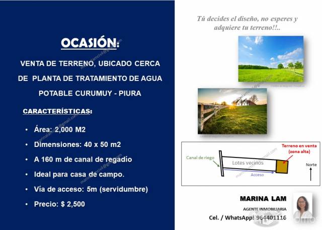 Venta de terreno (2,000 m2) ubicado cerca de Planta de Tratamiento de Agua Potable Curumuy - Piura