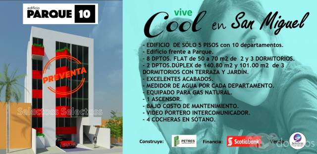 VENTA DPTOS FLAT SAN MIGUEL EN PREVENTA FRENTE Y VISTA A PARQUE