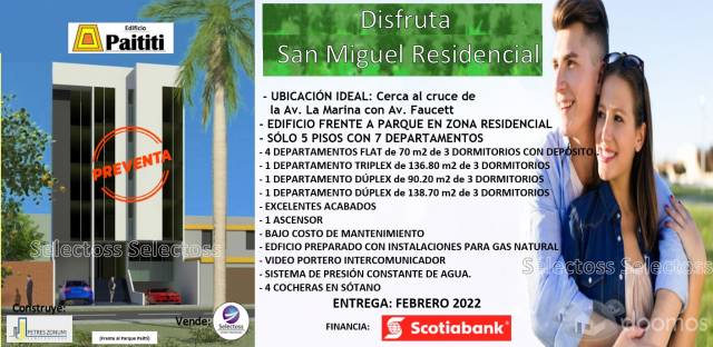 VENTA DÚPLEX SAN MIGUEL EN PRE VENTA FRENTE A PARQUE 3 DORM.TERRAZA JARDÍN